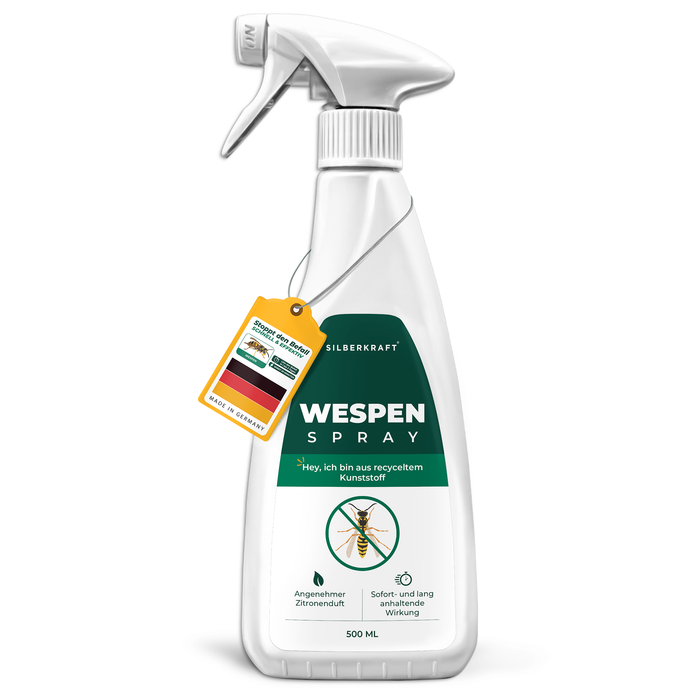 Silberkraft Wespenspray 500 ml – Vorderseite der Sprühflasche aus recyceltem Kunststoff mit sofortiger und langanhaltender Wirkung gegen Wespen.