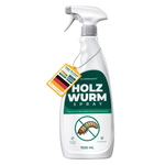 Spray anti-vers à bois Silberkraft Flacon pulvérisateur de 1 000 ml (1 litre) avec symbole de vers à bois, sceau Made in Germany et référence au livre électronique d'experts inclus.