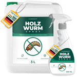 Kit combiné : bidon de recharge de 3 litres et flacon pulvérisateur de 500 ml de spray anti-vers à bois Silberkraft.