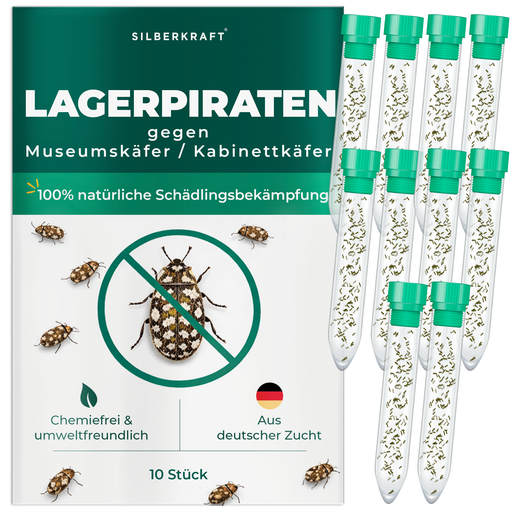 Silberkraft Lagerpiraten gegen Museumskäfer und Kabinettkäfer – natürliche Nützlinge zur chemiefreien Bekämpfung von Museumskäfern im Haushalt, aus deutscher Zucht, 10 x30 Lagerpiraten pro Röhrchen