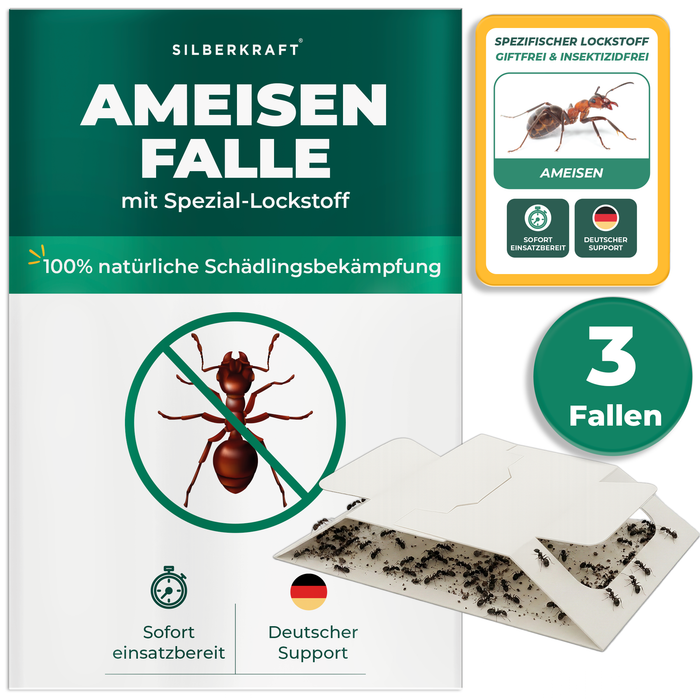 Silberkraft Ameisenfalle mit Spezial-Lockstoff – giftfreie Ameisenbekämpfung, 3 sofort einsatzbereite Fallen