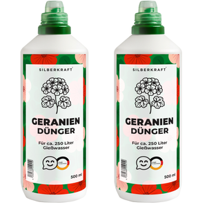 Geraniendünger – Mineralischer NPK Flüssigdünger mit Stickstoff – Dünger für Geranien (Pelargonien) – Balkonpflanzen-Dünger - Silberkraft