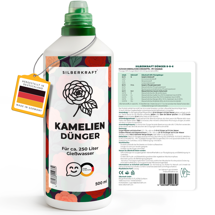 Kameliendünger – Mineralischer NPK Flüssigdünger mit Stickstoff – Dünger für Kamelien – Moorbeetpflanzen-Dünger - Silberkraft