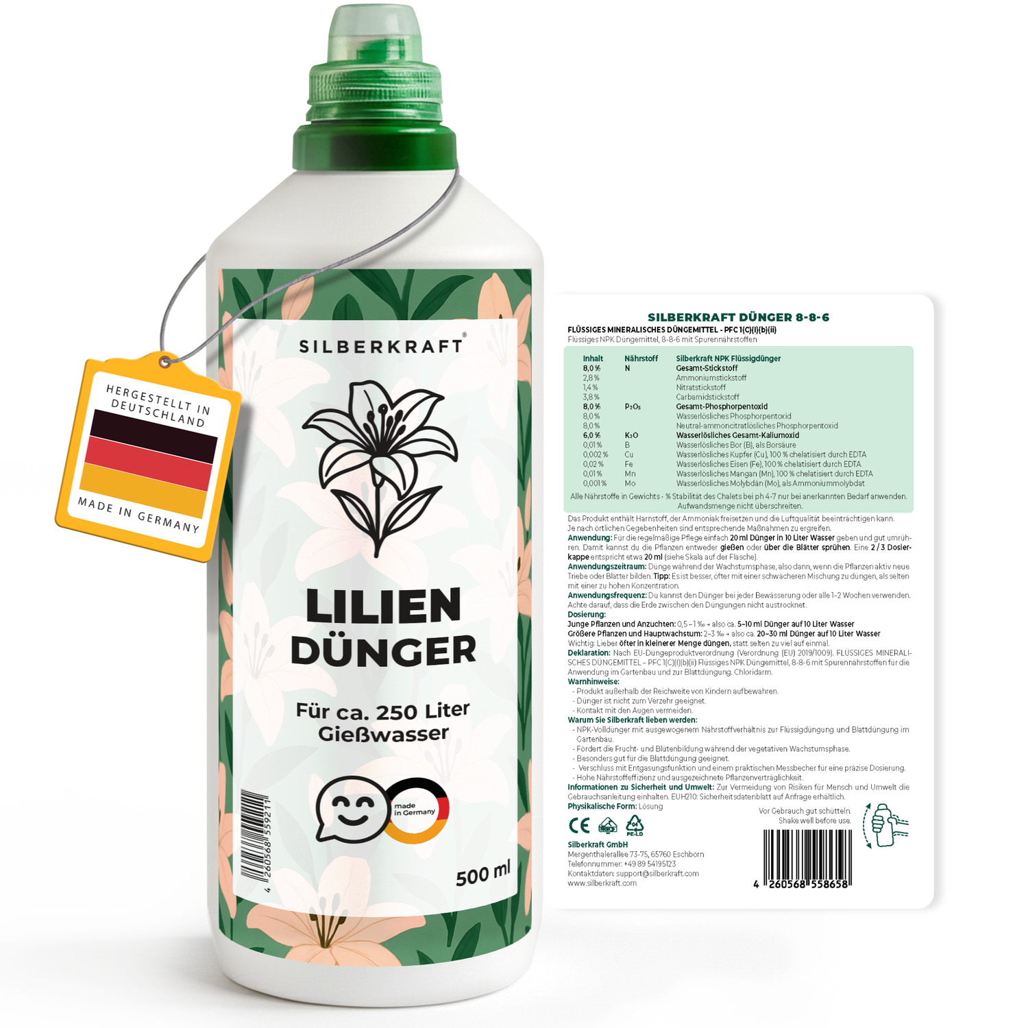 Liliendünger – Mineralischer NPK Flüssigdünger mit Stickstoff – Dünger für Lilien – Gartenstauden-Dünger - Silberkraft