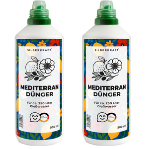 Mediterrandünger – Mineralischer NPK Flüssigdünger mit Stickstoff – Dünger für mediterrane Pflanzen – Zitruspflanzen- & Kübelpflanzen-Dünger - Silberkraft