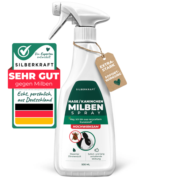 Silberkraft Milbenspray für Hase und Kaninchen, 500 ml Sprühflasche mit grün-weißem Etikett, Gütesiegel „Sehr gut gegen Milben“ und Anhänger „Extra Stark Sofortwirkung“ – hochwirksames Mittel mit dezentem Zitronenduft, hergestellt in Deutschland