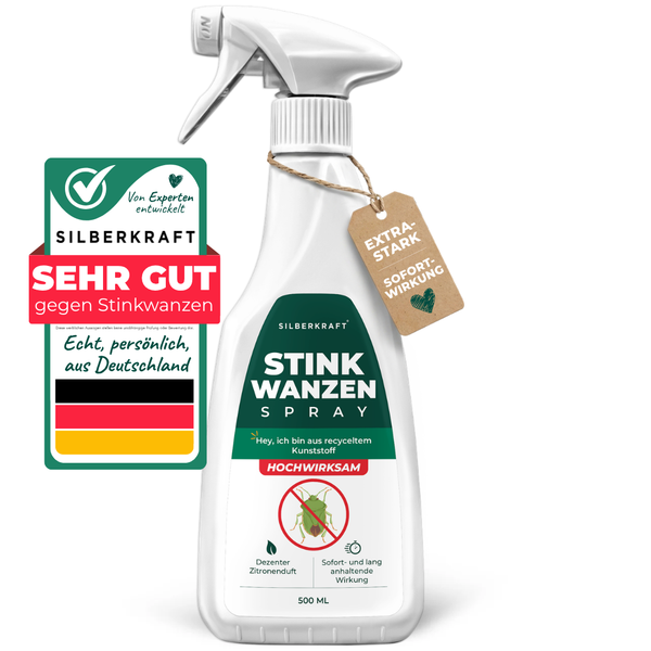 Silberkraft Stinkwanzenspray, 500 ml Sprühflasche mit grün-weißem Etikett, Gütesiegel „Sehr gut gegen Stinkwanzen“ und Anhänger „Extra Stark Sofortwirkung“ – hochwirksames Mittel mit dezentem Zitronenduft, hergestellt in Deutschland