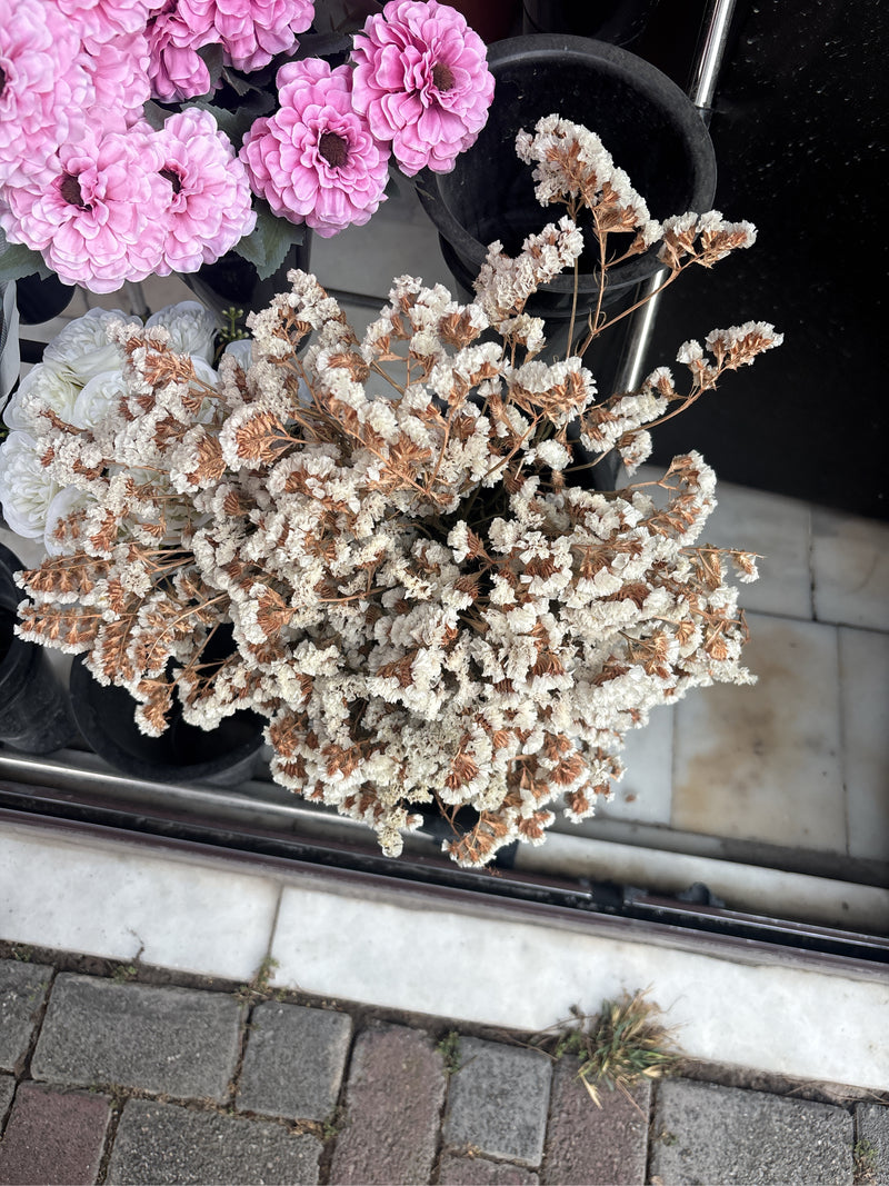 On voit un statice séché dans un bouquet de fleurs décoratif. La plante présente ses inflorescences fines typiques.