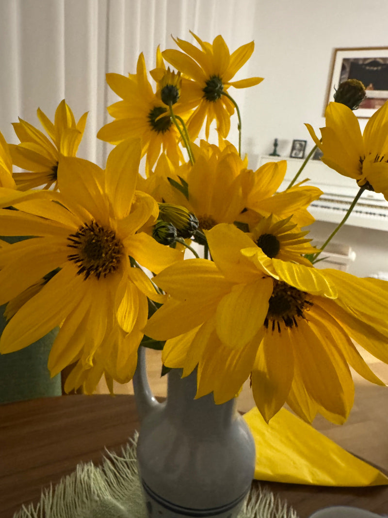 Un bouquet de fleurs de topinambour d'un jaune éclatant est placé de manière décorative dans un vase en céramique sur une table à l'intérieur.