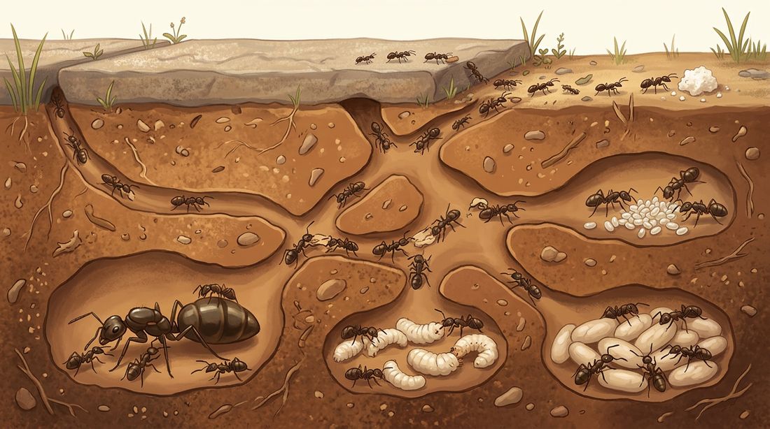 Coupe d’un nid de fourmis sous une dalle : reine, ouvrières, œufs, larves et nymphes dans des chambres, en surface une colonne de fourmis vers une miette de sucre