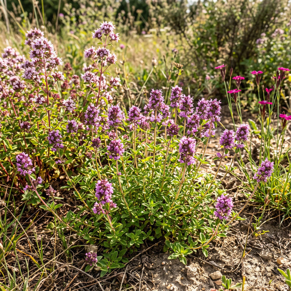 Arznei-Thymian (Thymus pulegioides) in Blüte im naturnahen Garten (KI-generiert)