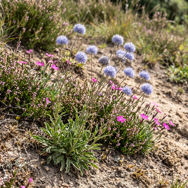 Berg-Sandglöckchen (Jasione montana) in Blüte im naturnahen Garten (KI-generiert)