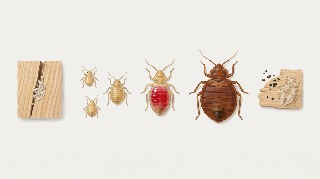 Développement de la punaise de lit : œufs blancs dans une fissure du bois, larves claires de différentes tailles, une larve saturée de rouge et une punaise de lit adulte, ovale et plate, rouge-brun