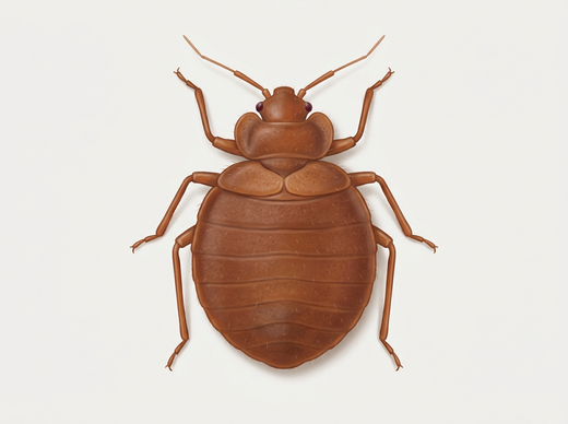 Punaise de lit (Cimex lectularius) vue d'en haut : corps plat-ovale, brun rougeâtre, sans ailes