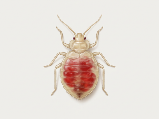 Jeune larve (nymphe) de punaise de lit vue d'en haut : petite, légère et translucide, avec un abdomen rempli de rouge