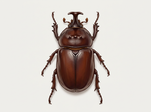 Coléoptère rhinocéros (Oryctes nasicornis) d'en haut, marron brillant avec corne sur la tête