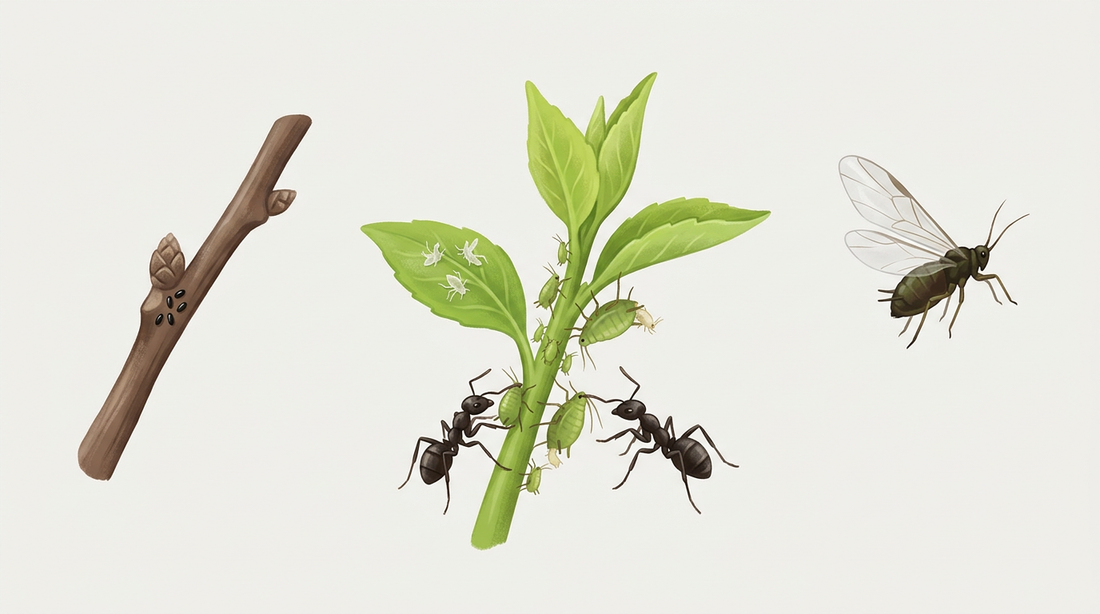 Cycle de vie des pucerons : œufs d'hiver sur la branche, pucerons sans ailes avec des jeunes sur l'extrémité d'une pousse, fourmis sur la colonie et puceron ailé.