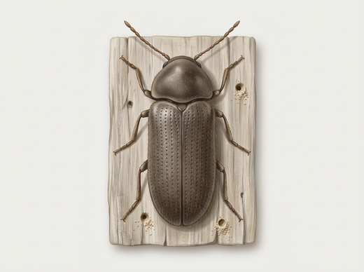 Vers à bois (Anobium punctatum) d'en haut sur un morceau de bois avec des trous de vol