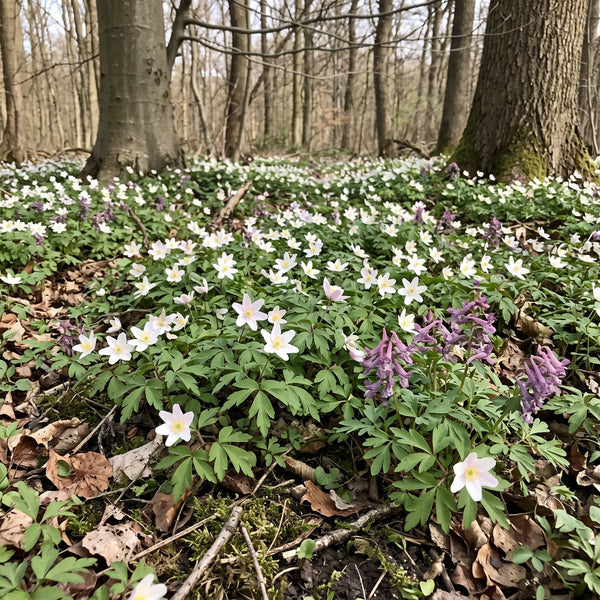 Buschwindröschen (Anemone nemorosa) in Blüte im naturnahen Garten (KI-generiert)