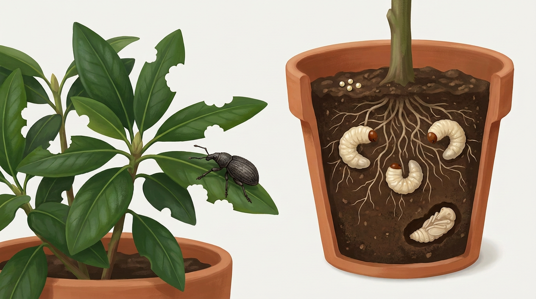 Cycle annuel du charançon noir : charançon noir sur une feuille avec des baies d'alimentation semi-circulaires, à côté un pot de plante ouvert avec des œufs à la surface, trois larves blanches, courbées et apodes sur les racines et une nymphe dans le sol