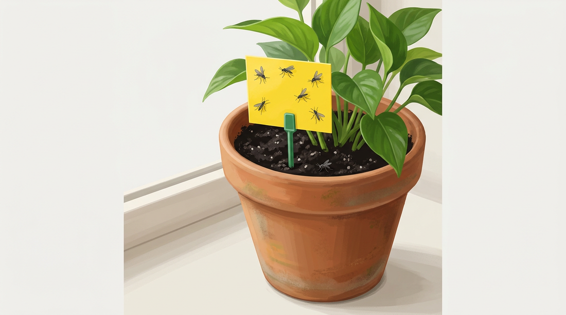 L'autocollant jaune sur le bâton vert est collé dans le sol d'une plante d'intérieur, plusieurs petits moucherons noirs y sont collés