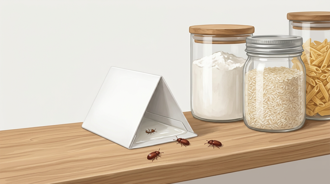 Piège collant blanc plié sur une étagère de garde-manger à côté de pots de farine, de riz et de pâtes, de petits insectes courant vers le piège