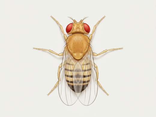 Mouche des fruits (drosophile) d'en haut, jaune-brun aux yeux rouges