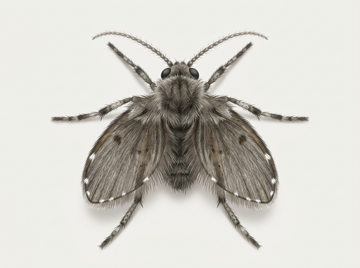 Cécidomyie papillon (Psychodidae) d'en haut, grise et poilue