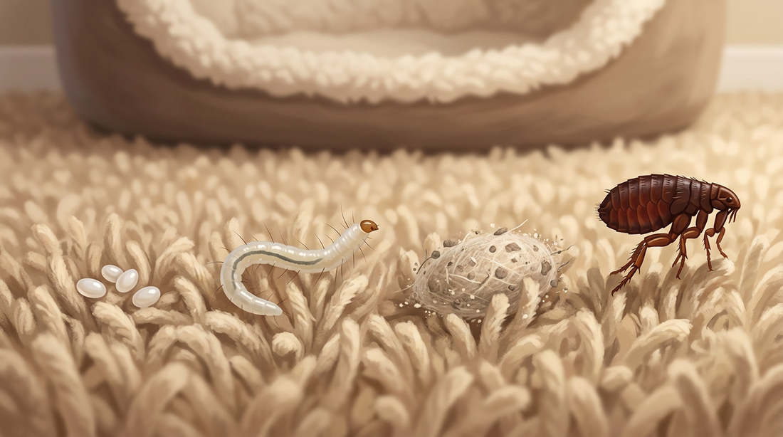 Développement de la puce dans le tapis : œufs blancs, larve hérissée, cocon camouflé de poussière et puce adulte