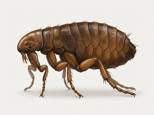 Puce humaine (Pulex irritans) en vue latérale avec tête ronde sans crêtes épineuses