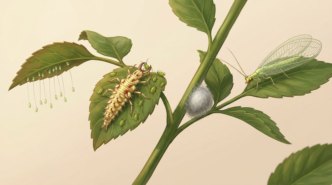 Développement de la chrysope commune : œufs pédonculés sous une feuille, larve de chrysope aspirant un puceron, cocon blanc sur la tige et chrysope verte adulte aux ailes en filet transparent