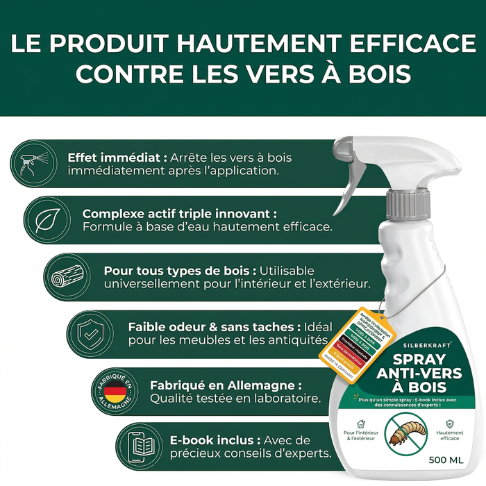 Spray anti-insectes xylophages : Traitement contre les insectes xylophages, les capricornes et les vrillettes du bois pour une utilisation intérieure et extérieure, incluant un livre électronique.