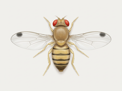 Mouche du vinaigre de cerise (Drosophila suzukii), mâle avec une tache sombre sur chaque aile, d'en haut