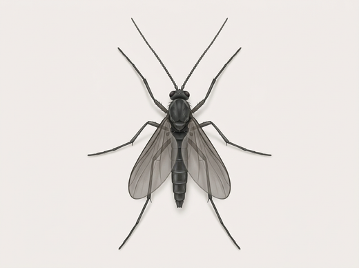 Moucheron fongique (Sciaridae), moustique noir mince avec de longues antennes, d'en haut