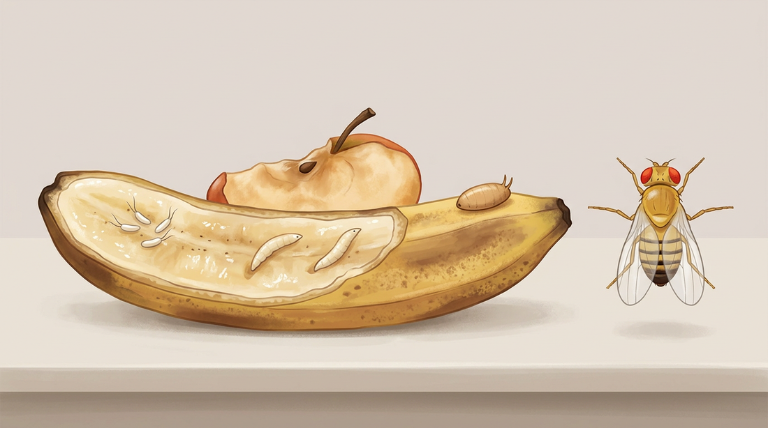 Développement de la mouche des fruits sur une banane trop mûre : œufs à deux appendices, larves blanches dans la pulpe, pupe brunâtre et mouche adulte aux yeux rouges