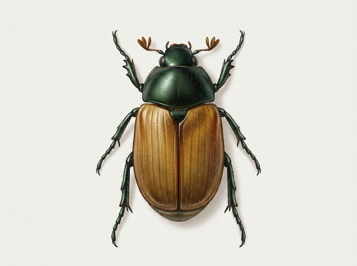 Coléoptère des feuilles des jardins (Phyllopertha horticola) vu de dessus, pronotum vert et couvertures alaires rouge-brun