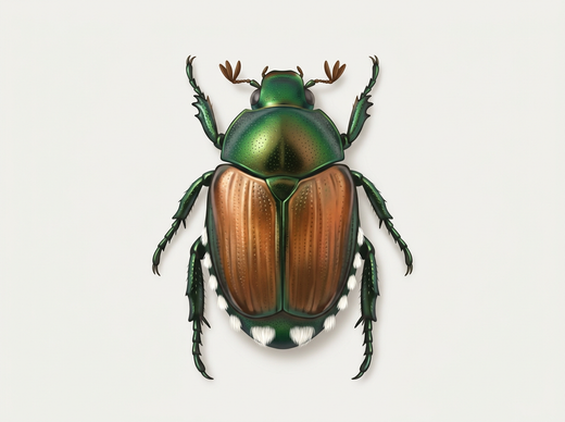 Scarabée japonais (Popillia japonica) vu de dessus, pronotum vert, couvertures alaires brun cuivré et touffes de poils blancs sur les côtés
