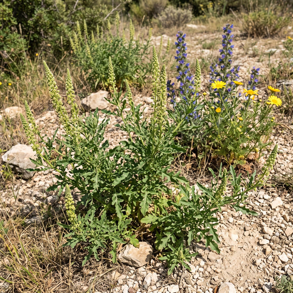 Gelber Wau (Reseda lutea) in Blüte im naturnahen Garten (KI-generiert)