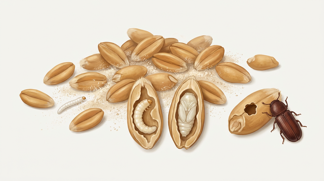 Développement de la capucine à grains : grains de blé avec une fine poussière de farine, une jeune larve entre les grains, des grains ouverts avec une larve et une nymphe blanches courbées, à côté d'un coléoptère cylindrique rouge-brun foncé sur un grain avec un trou percé