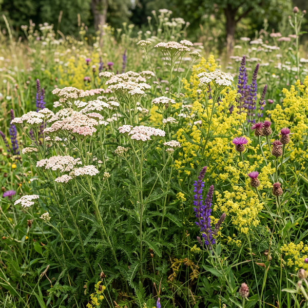 Gewöhnliche Schafgarbe (Achillea millefolium) in Blüte im naturnahen Garten (KI-generiert)