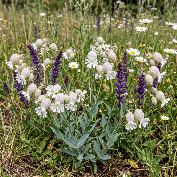 Gewöhnliches Leimkraut (Silene vulgaris) in Blüte im naturnahen Garten (KI-generiert)