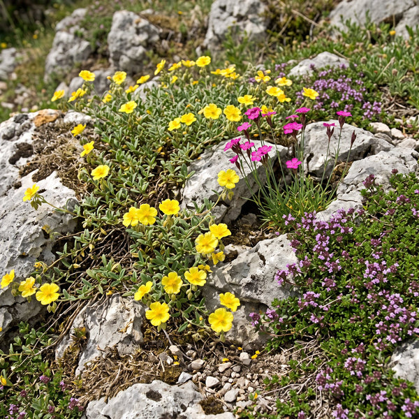 Gewöhnliches Sonnenröschen (Helianthemum nummularium) in Blüte im naturnahen Garten (KI-generiert)