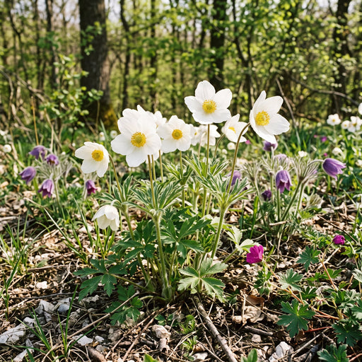 Großes Windröschen (Anemone sylvestris) in Blüte im naturnahen Garten (KI-generiert)