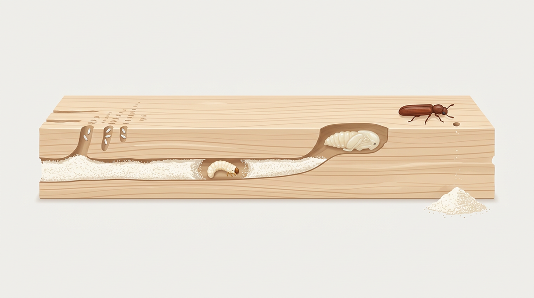 Cycle de vie du dendroctone de l'aubier dans la planche de bois dur coupée : œufs dans les pores du bois, larve dans un passage rempli de farine fine, chrysalide sous la surface et longeté brun à côté d'un petit trou rond avec un tas de poussière de forage.