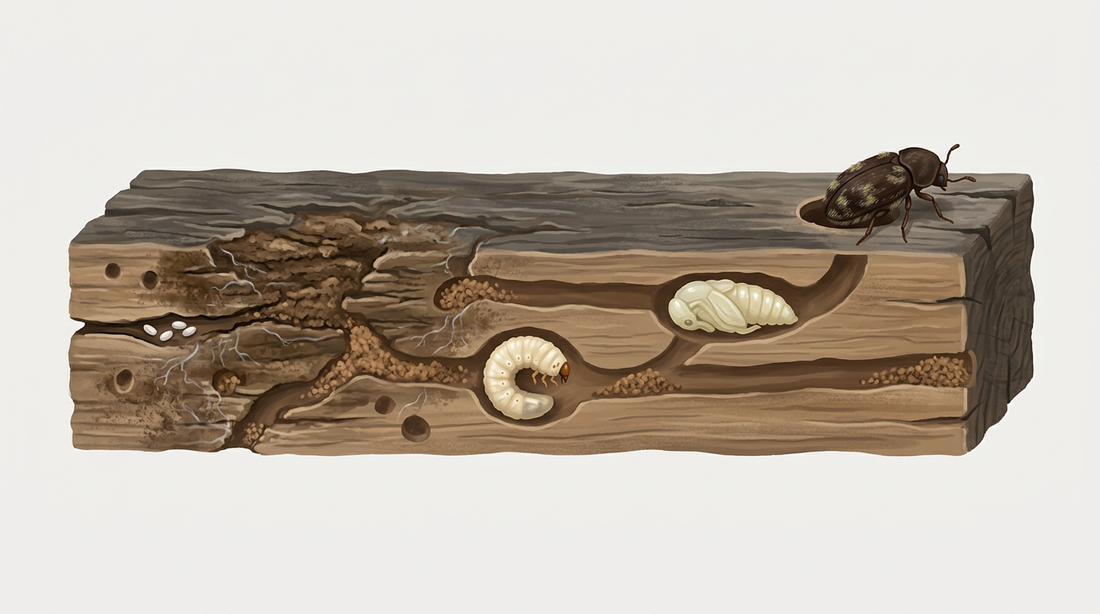 Cycle de vie de l'horloge mortuaire dans une vieille poutre en chêne décomposée par des champignons : œufs dans le bois pourri, larve courbée dans le passage d'alimentation, pupe sous la surface et coléoptère tacheté à un trou de sortie rond