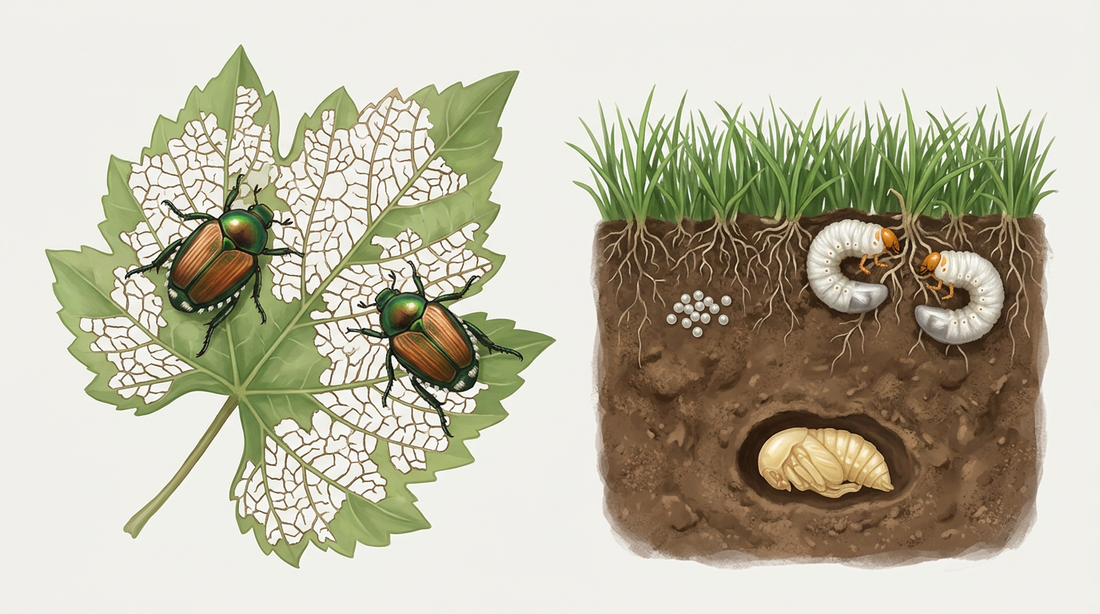 Développement du scarabée japonais : deux coléoptères vert-cuivré avec des touffes de poils blancs sur une feuille de vigne rongée jusqu'aux nervures, à côté une coupe à travers la pelouse et broyée avec des œufs, des larves en forme de C sur les racines de l'herbe et une nymphe