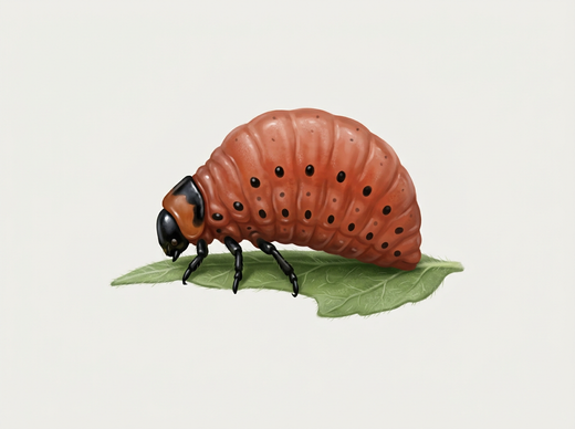 Larve du doryphore de la pomme de terre vue de côté : bossue, rouge-orange avec des rangées de points noirs et une tête noire