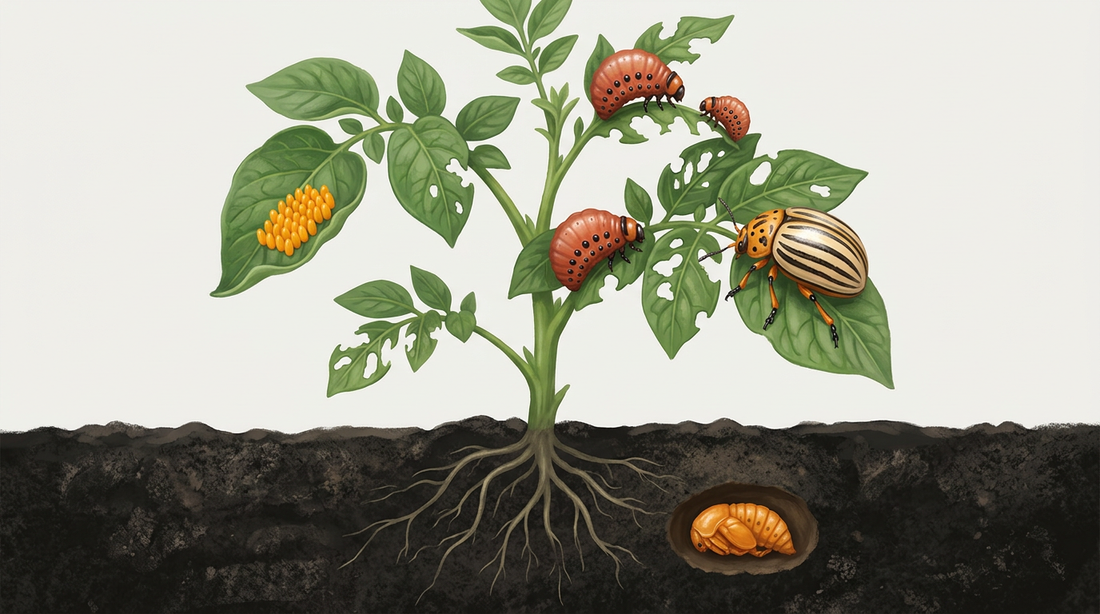 Développement du doryphore de la pomme de terre : plante de pomme de terre avec une couvée d'œufs jaune orangé sur une feuille, des larves rouge orangé avec des rangées de points noirs et un coléoptère rayé jaune-noir, y compris une nymphe dans un trou dans le sol