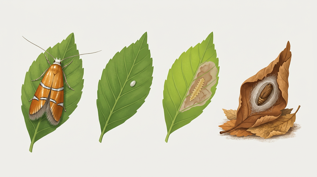 Développement de la mineuse du châtaignier : papillon aux ailes brun orangé à bandes blanches, œuf sur la feuille, larve dans la mine des feuilles et pupe dans les feuilles tombées