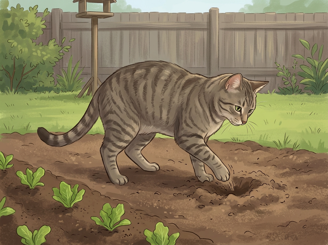 Illustration : Un chat tigré domestique patte dans le sol meuble d’un potager fraîchement planté devant une clôture en bois